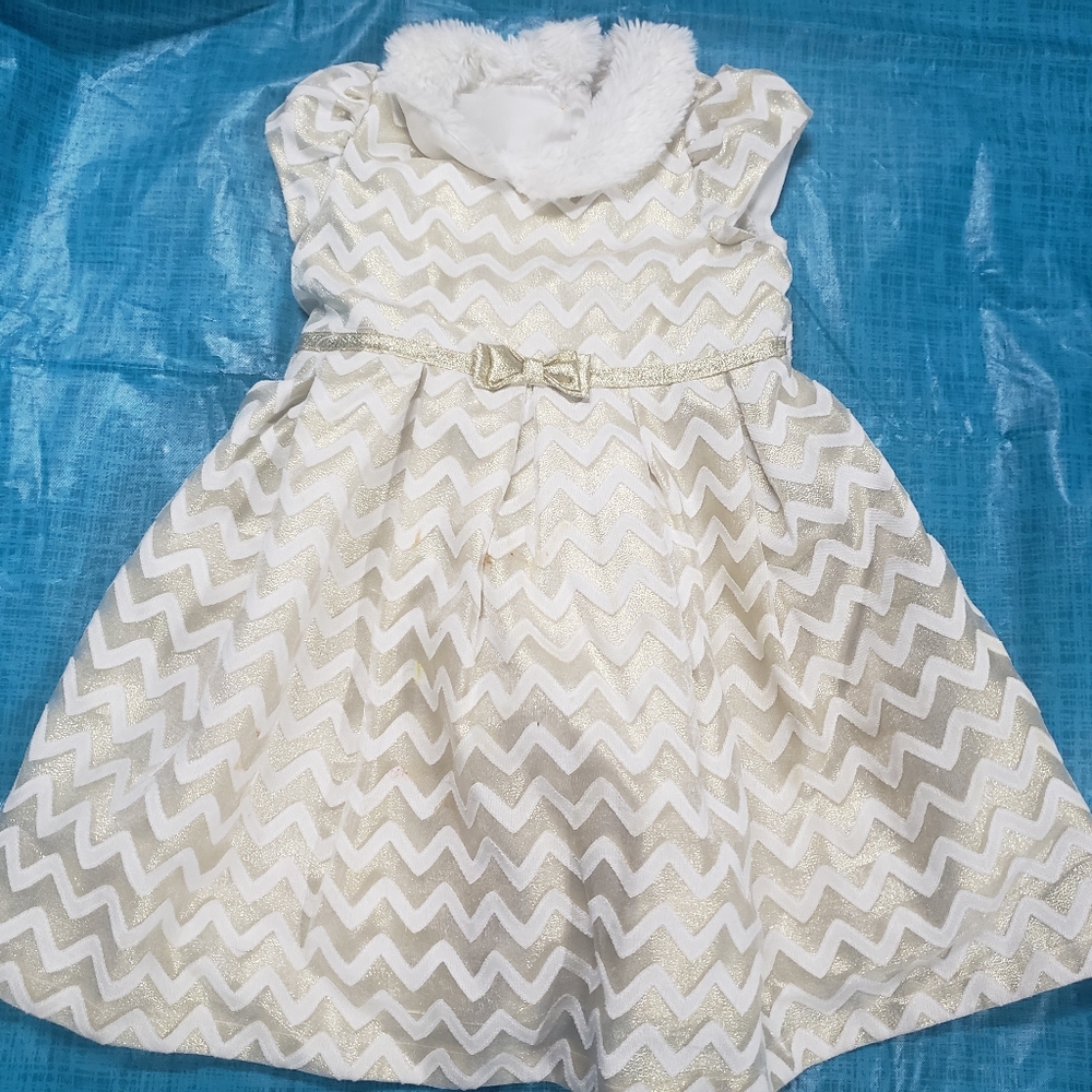 Jona Michelle gold white winter dress with faux fur collar